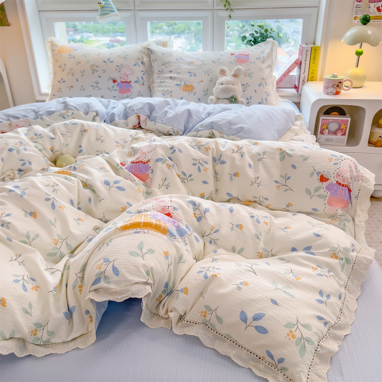 91家纺网 家纺一手货源 找家纺 雯豆家纺2025新品皱皱双层纱四件套镂空花边款三件套 小苍兰