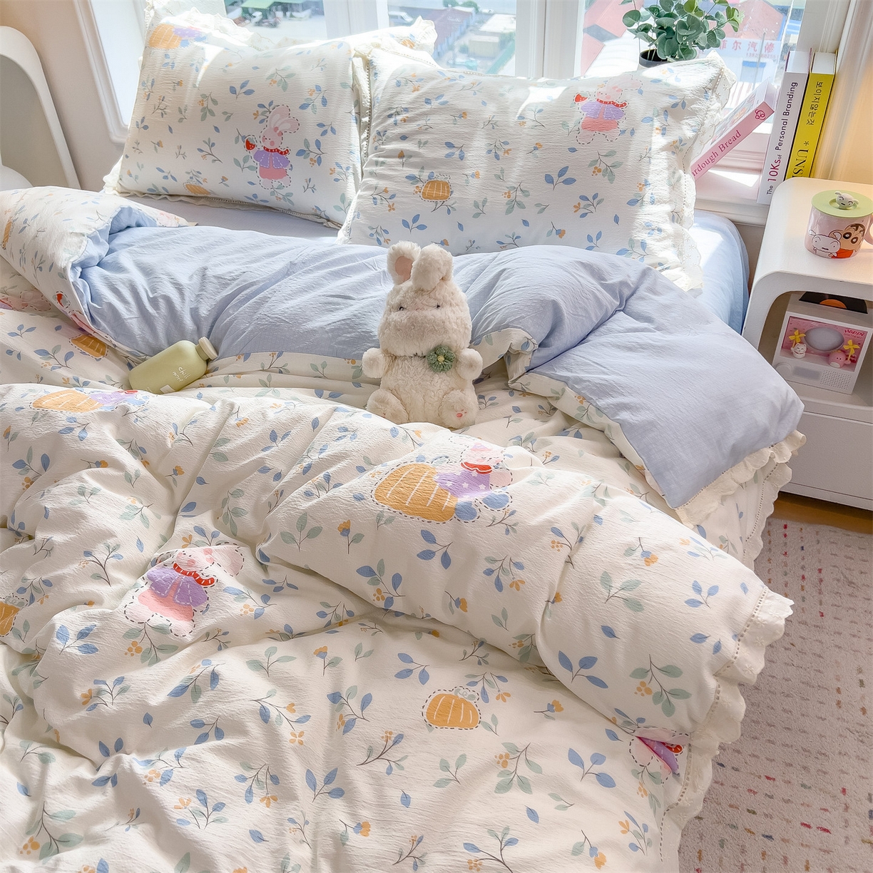 91家纺网 家纺一手货源 找家纺 雯豆家纺2025新品皱皱双层纱四件套镂空花边款三件套 小苍兰