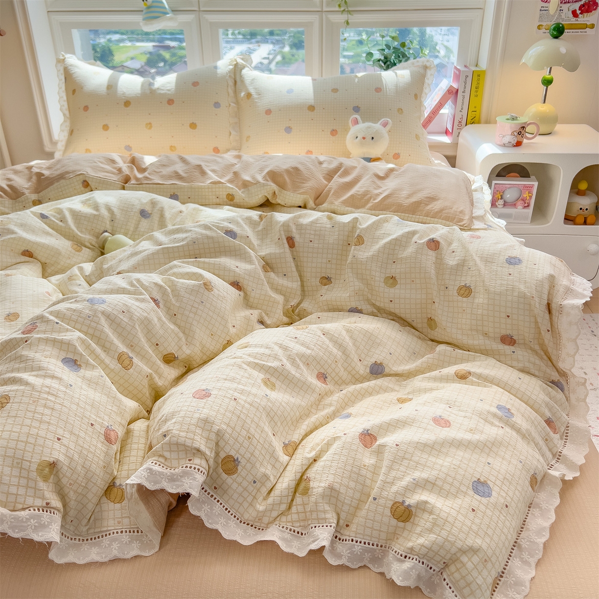 91家纺网 家纺一手货源 找家纺 雯豆家纺2025新品皱皱双层纱四件套镂空花边款三件套 小南瓜