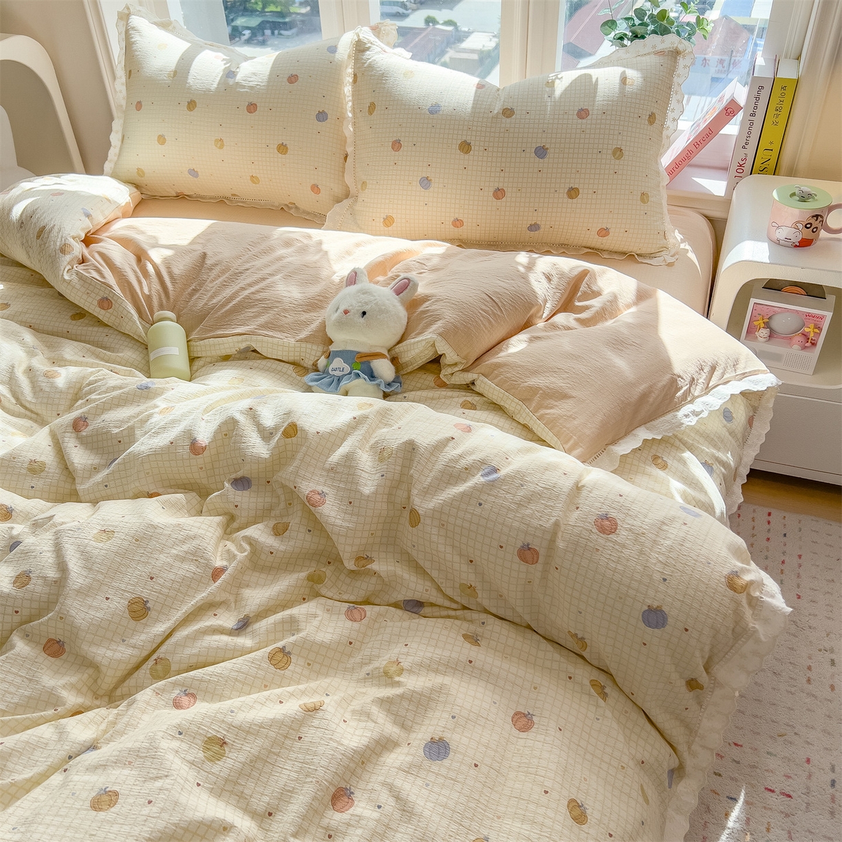 91家纺网 家纺一手货源 找家纺 雯豆家纺2025新品皱皱双层纱四件套镂空花边款三件套 小南瓜