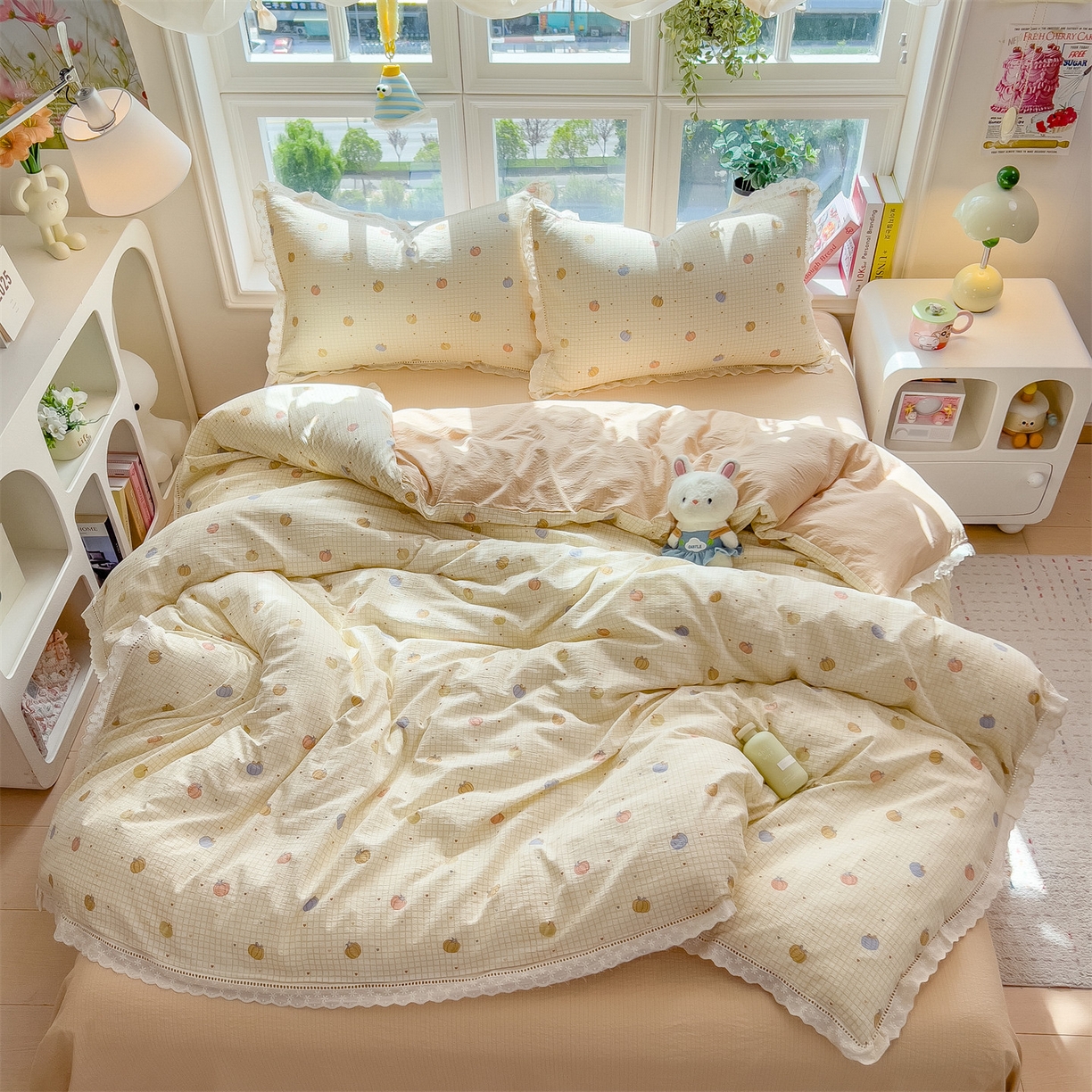 91家纺网 家纺一手货源 找家纺 雯豆家纺2025新品皱皱双层纱四件套镂空花边款三件套 小南瓜