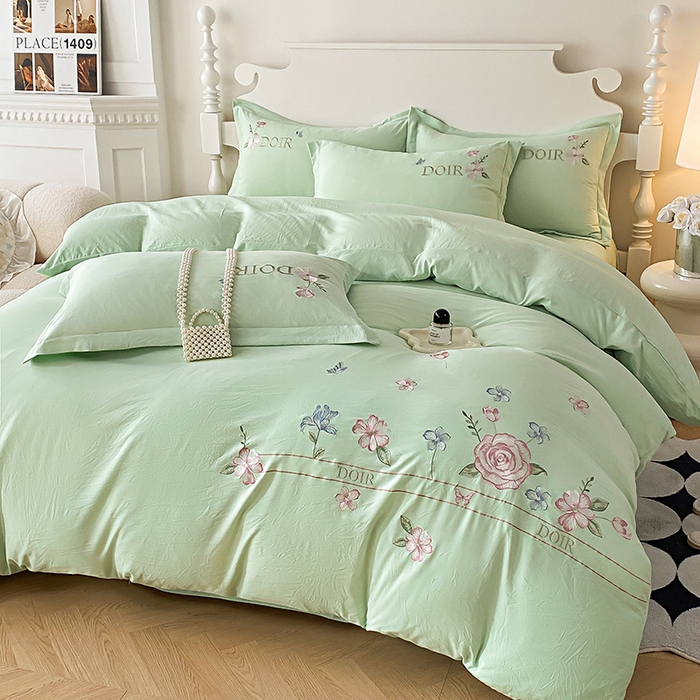 91家纺网 家纺一手货源 找家纺 大麦乐田 2025新款刺绣四件套-玫瑰故事 玫瑰故事-浅绿