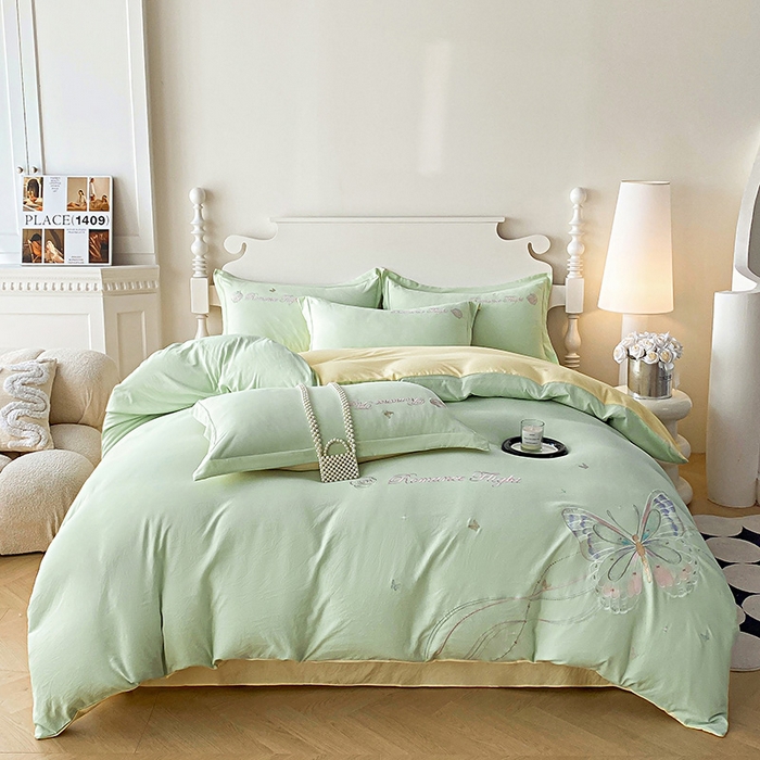 91家纺网 家纺一手货源 找家纺 大麦乐田 2025新款刺绣四件套-玫瑰故事 玫瑰故事-浅绿