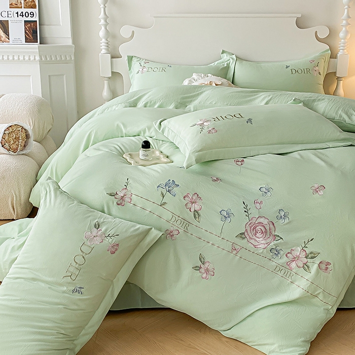 91家纺网 家纺一手货源 找家纺 大麦乐田 2025新款刺绣四件套-玫瑰故事 玫瑰故事-浅绿