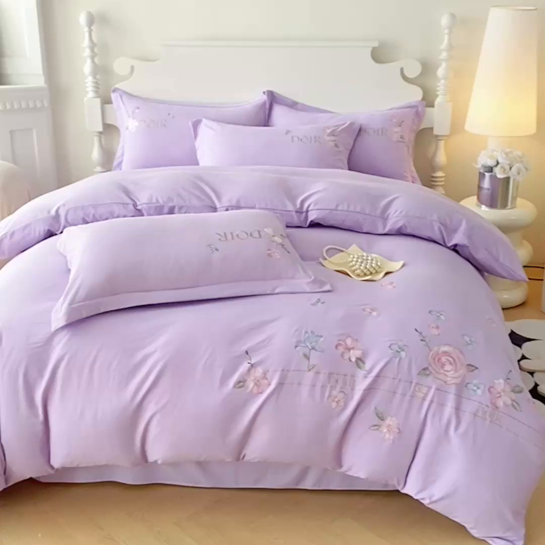 91家纺网 家纺一手货源 找家纺 大麦乐田 2025新款刺绣四件套-玫瑰故事 玫瑰故事-浅紫