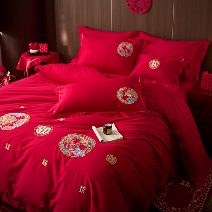 91家纺网 家纺一手货源 找家纺 简纯主义 2025新款100支长绒棉刺绣四件套花开并蒂系列龙凤誓言