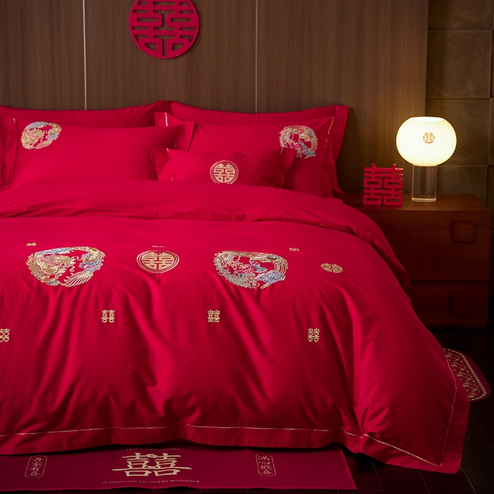 91家纺网 家纺一手货源 找家纺 简纯主义 2025新款100支长绒棉刺绣四件套花开并蒂系列龙凤誓言