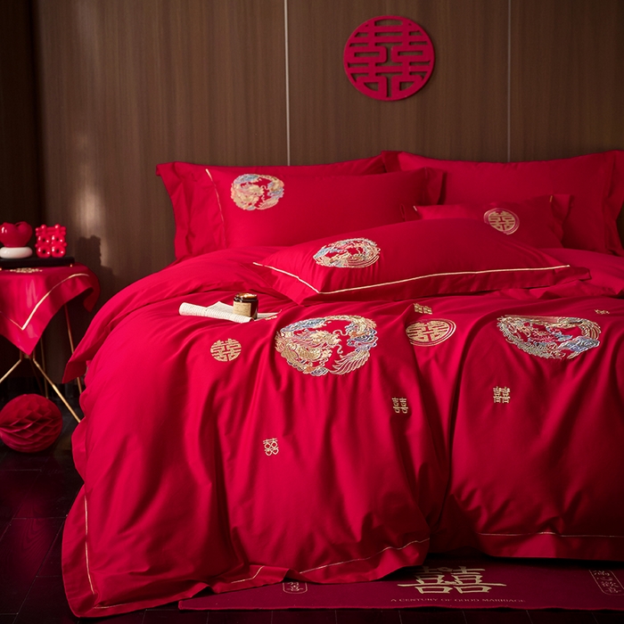 91家纺网 家纺一手货源 找家纺 简纯主义 2025新款100支长绒棉刺绣四件套花开并蒂系列龙凤誓言