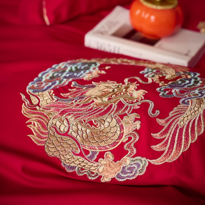 91家纺网 家纺一手货源 找家纺 简纯主义 2025新款100支长绒棉刺绣四件套花开并蒂系列龙凤誓言