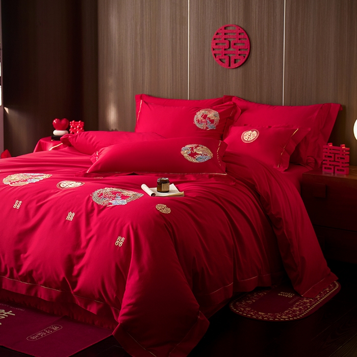 91家纺网 家纺一手货源 找家纺 简纯主义 2025新款100支长绒棉刺绣四件套花开并蒂系列龙凤誓言