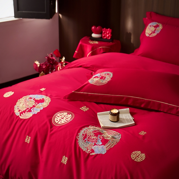 91家纺网 家纺一手货源 找家纺 简纯主义 2025新款100支长绒棉刺绣四件套花开并蒂系列龙凤誓言