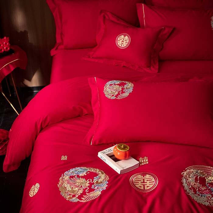 91家纺网 家纺一手货源 找家纺 简纯主义 2025新款100支长绒棉刺绣四件套花开并蒂系列龙凤誓言