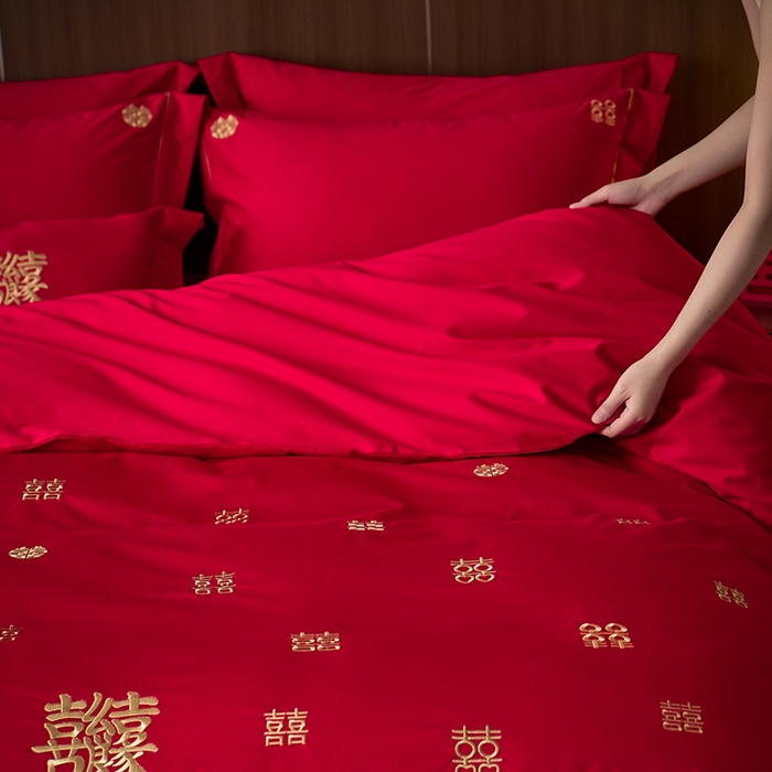 91家纺网 家纺一手货源 找家纺 简纯主义 2025新款100支长绒棉刺绣四件套花开并蒂系列喜满良缘