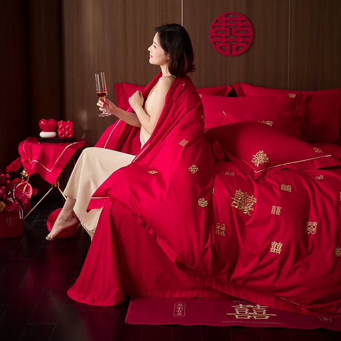 91家纺网 家纺一手货源 找家纺 简纯主义 2025新款100支长绒棉刺绣四件套花开并蒂系列喜满良缘