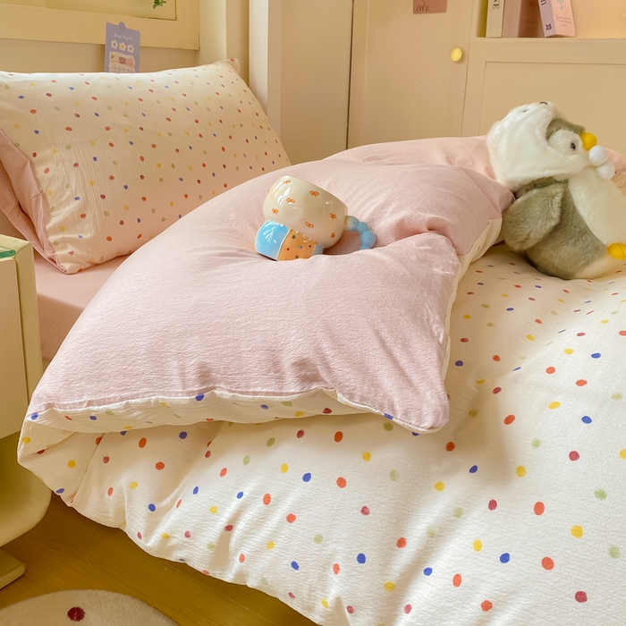 91家纺网 家纺一手货源 找家纺 丽美人家纺 2025新款A类皱皱纱学生宿舍三件套上下铺三件套六件套 QB彩色波点