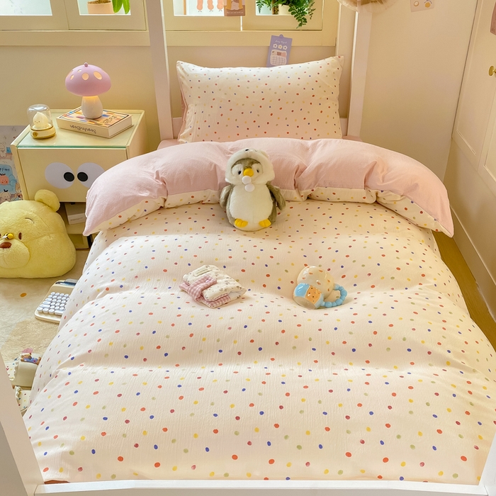 91家纺网 家纺一手货源 找家纺 丽美人家纺 2025新款A类皱皱纱学生宿舍三件套上下铺三件套六件套 QB彩色波点