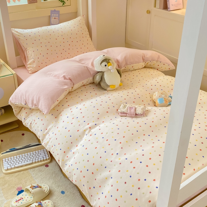 91家纺网 家纺一手货源 找家纺 丽美人家纺 2025新款A类皱皱纱学生宿舍三件套上下铺三件套六件套 QB彩色波点