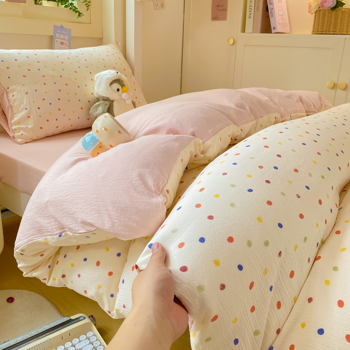 91家纺网 家纺一手货源 找家纺 丽美人家纺 2025新款A类皱皱纱学生宿舍三件套上下铺三件套六件套 QB彩色波点