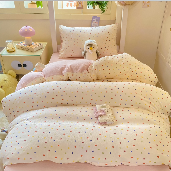 91家纺网 家纺一手货源 找家纺 丽美人家纺 2025新款A类皱皱纱学生宿舍三件套上下铺三件套六件套 QB彩色波点