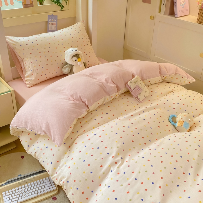 91家纺网 家纺一手货源 找家纺 丽美人家纺 2025新款A类皱皱纱学生宿舍三件套上下铺三件套六件套 QB彩色波点