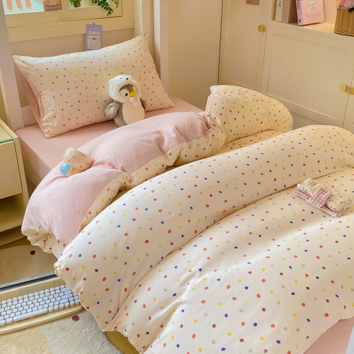 91家纺网 家纺一手货源 找家纺 丽美人家纺 2025新款A类皱皱纱学生宿舍三件套上下铺三件套六件套 QB彩色波点