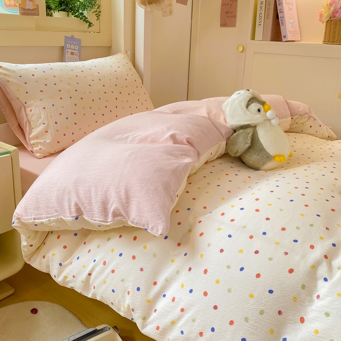 91家纺网 家纺一手货源 找家纺 丽美人家纺 2025新款A类皱皱纱学生宿舍三件套上下铺三件套六件套 QB彩色波点