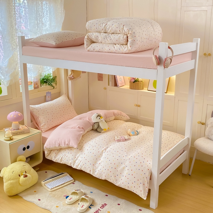 91家纺网 家纺一手货源 找家纺 丽美人家纺 2025新款A类皱皱纱学生宿舍三件套上下铺三件套六件套 QB彩色波点