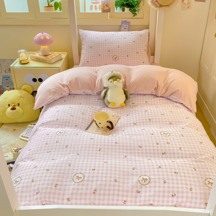 91家纺网 家纺一手货源 找家纺 丽美人家纺 2025新款A类皱皱纱学生宿舍三件套上下铺三件套六件套 QB格子蝴蝶结