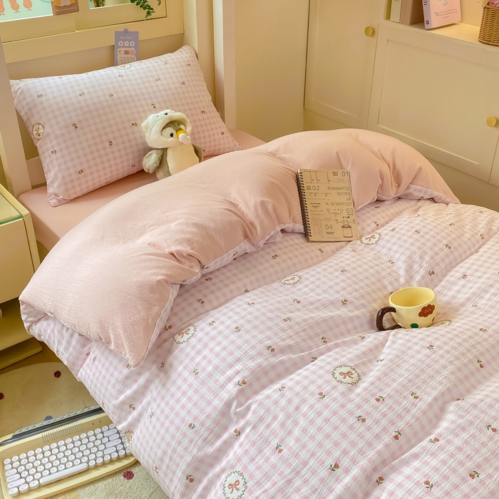 91家纺网 家纺一手货源 找家纺 丽美人家纺 2025新款A类皱皱纱学生宿舍三件套上下铺三件套六件套 QB格子蝴蝶结