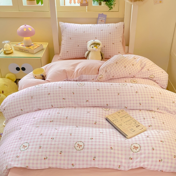 91家纺网 家纺一手货源 找家纺 丽美人家纺 2025新款A类皱皱纱学生宿舍三件套上下铺三件套六件套 QB格子蝴蝶结