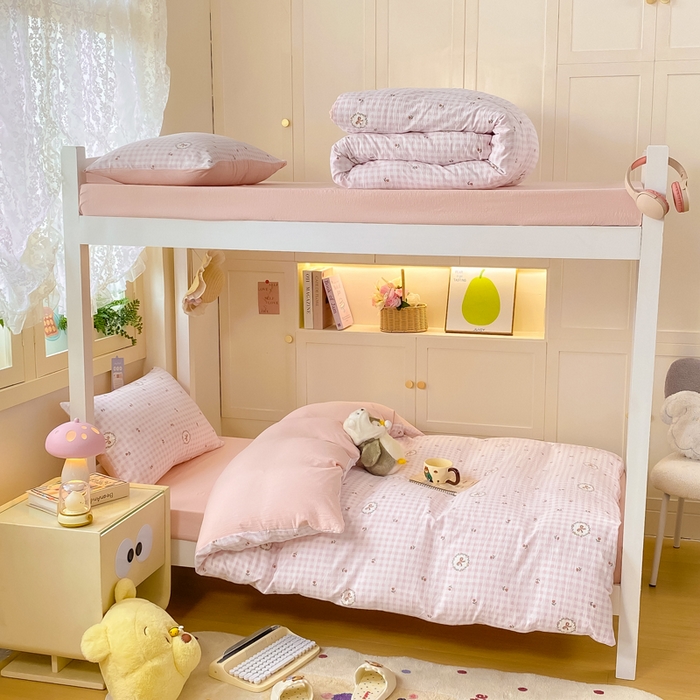 91家纺网 家纺一手货源 找家纺 丽美人家纺 2025新款A类皱皱纱学生宿舍三件套上下铺三件套六件套 QB格子蝴蝶结