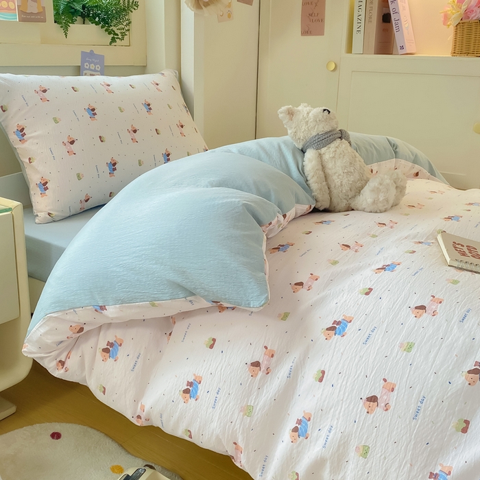 91家纺网 家纺一手货源 找家纺 丽美人家纺 2025新款A类皱皱纱学生宿舍三件套上下铺三件套六件套 QB洛洛小狗