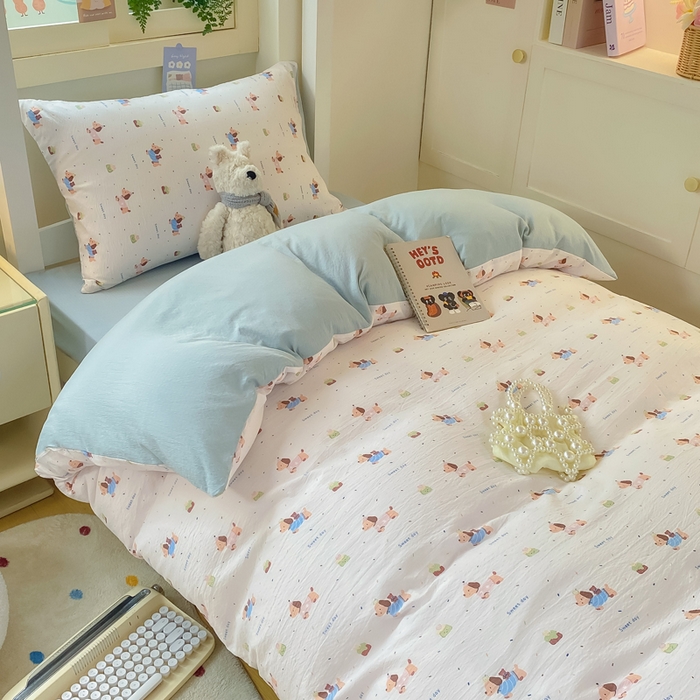 91家纺网 家纺一手货源 找家纺 丽美人家纺 2025新款A类皱皱纱学生宿舍三件套上下铺三件套六件套 QB洛洛小狗