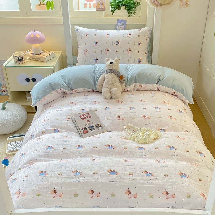 91家纺网 家纺一手货源 找家纺 丽美人家纺 2025新款A类皱皱纱学生宿舍三件套上下铺三件套六件套 QB洛洛小狗