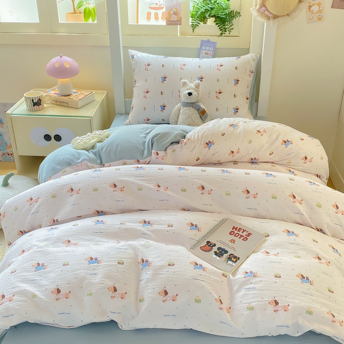 91家纺网 家纺一手货源 找家纺 丽美人家纺 2025新款A类皱皱纱学生宿舍三件套上下铺三件套六件套 QB洛洛小狗