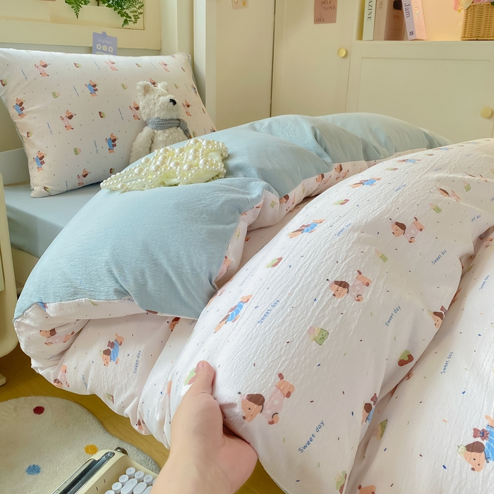 91家纺网 家纺一手货源 找家纺 丽美人家纺 2025新款A类皱皱纱学生宿舍三件套上下铺三件套六件套 QB洛洛小狗