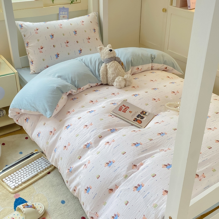 91家纺网 家纺一手货源 找家纺 丽美人家纺 2025新款A类皱皱纱学生宿舍三件套上下铺三件套六件套 QB洛洛小狗