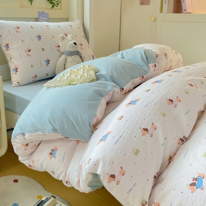 91家纺网 家纺一手货源 找家纺 丽美人家纺 2025新款A类皱皱纱学生宿舍三件套上下铺三件套六件套 QB洛洛小狗