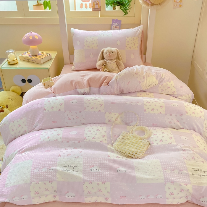 91家纺网 家纺一手货源 找家纺 丽美人家纺 2025新款A类皱皱纱学生宿舍三件套上下铺三件套六件套 QB萌萌哒