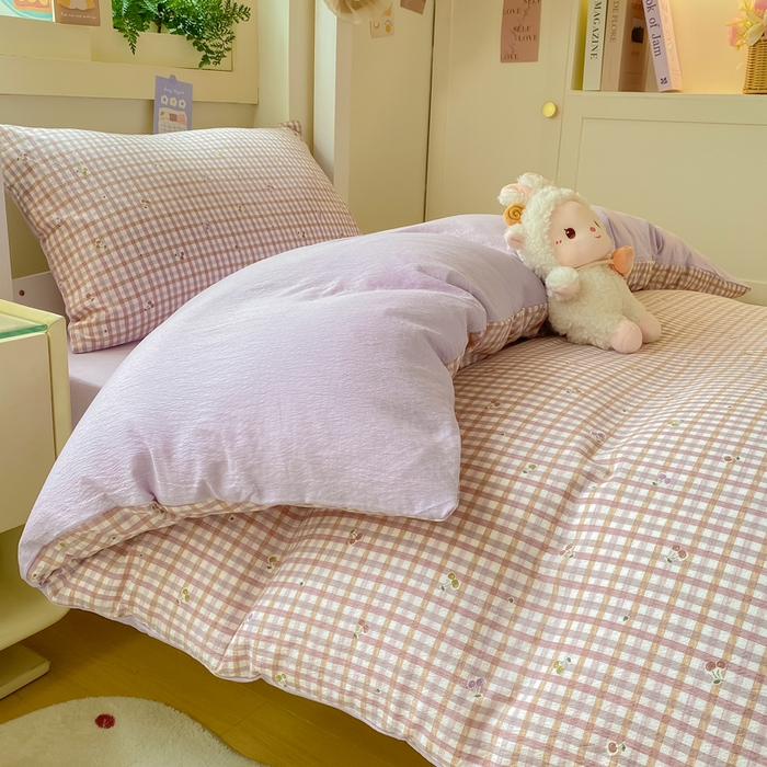 91家纺网 家纺一手货源 找家纺 丽美人家纺 2025新款A类皱皱纱学生宿舍三件套上下铺三件套六件套 QB紫樱桃