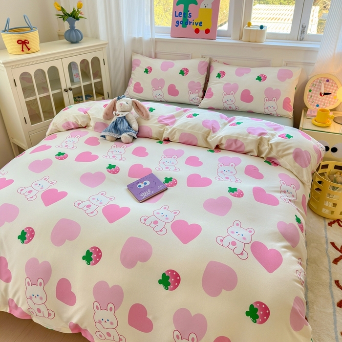 91家纺网 家纺一手货源 找家纺 舒居家纺 2025新款全棉针织棉被套枕套单被套被套单品 爱心兔子