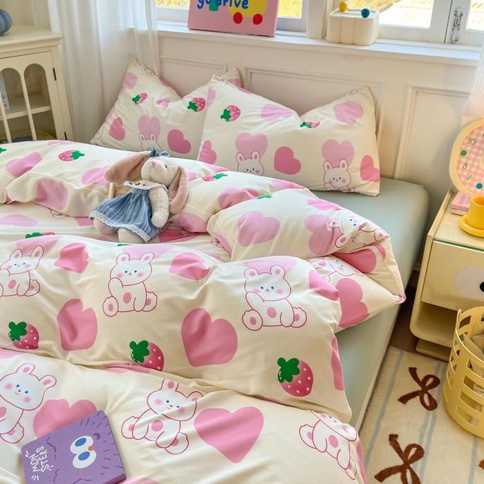 91家纺网 家纺一手货源 找家纺 舒居家纺 2025新款全棉针织棉被套枕套单被套被套单品 爱心兔子