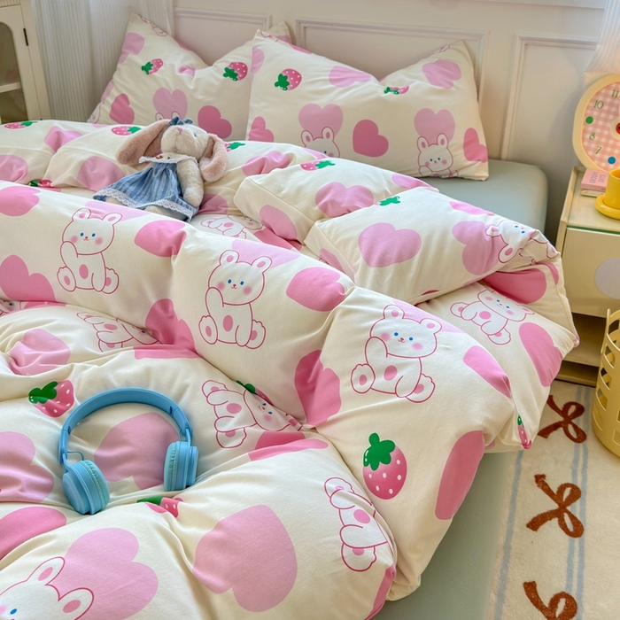 91家纺网 家纺一手货源 找家纺 舒居家纺 2025新款全棉针织棉被套枕套单被套被套单品 爱心兔子