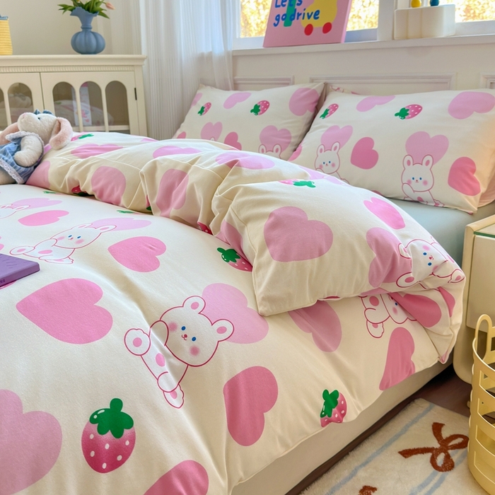 91家纺网 家纺一手货源 找家纺 舒居家纺 2025新款全棉针织棉被套枕套单被套被套单品 爱心兔子