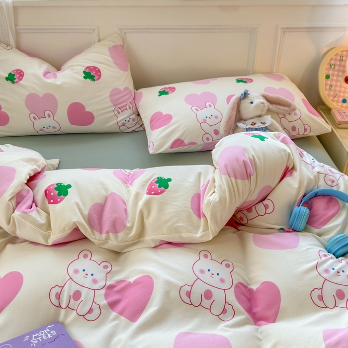 91家纺网 家纺一手货源 找家纺 舒居家纺 2025新款全棉针织棉被套枕套单被套被套单品 爱心兔子