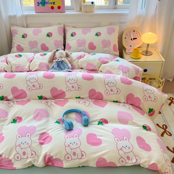 91家纺网 家纺一手货源 找家纺 舒居家纺 2025新款全棉针织棉被套枕套单被套被套单品 爱心兔子