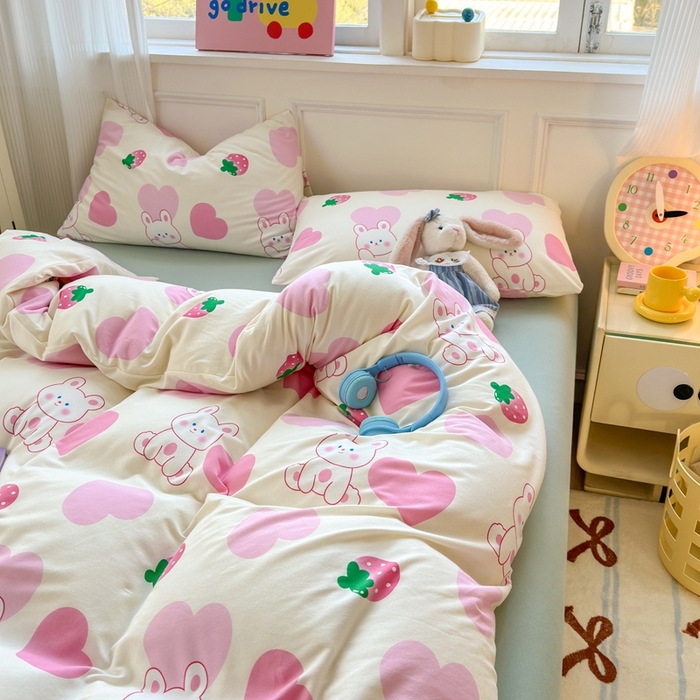 91家纺网 家纺一手货源 找家纺 舒居家纺 2025新款全棉针织棉被套枕套单被套被套单品 爱心兔子