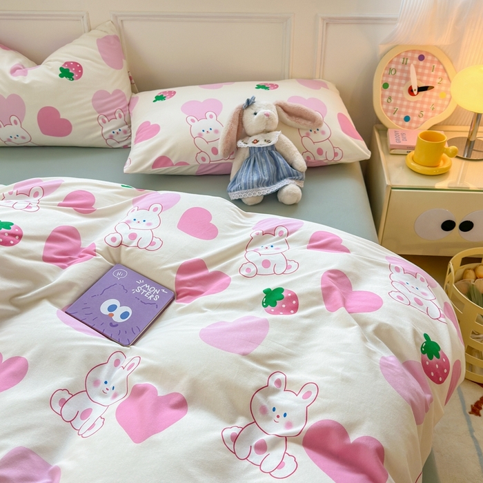 91家纺网 家纺一手货源 找家纺 舒居家纺 2025新款全棉针织棉被套枕套单被套被套单品 爱心兔子