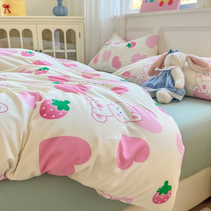 91家纺网 家纺一手货源 找家纺 舒居家纺 2025新款全棉针织棉被套枕套单被套被套单品 爱心兔子