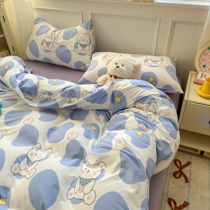 91家纺网 家纺一手货源 找家纺 舒居家纺 2025新款全棉针织棉被套枕套单被套被套单品 蓝色小熊